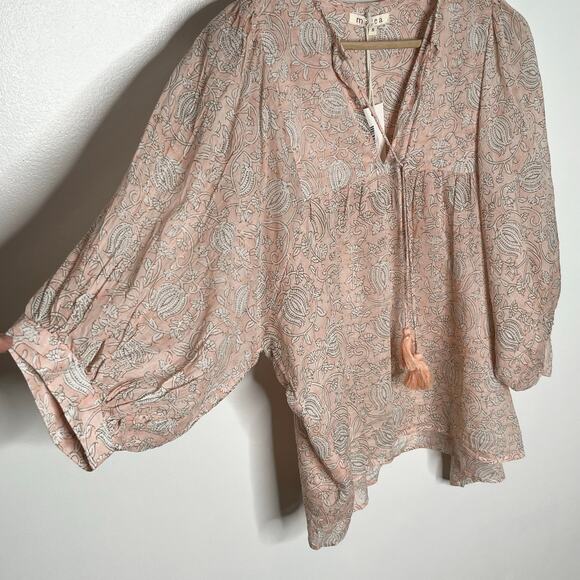 Marea Puff Sleeve Steph Top Small Blush Pink Floral V Neck Boho Tasseled Cotton - Picture 4 of 11